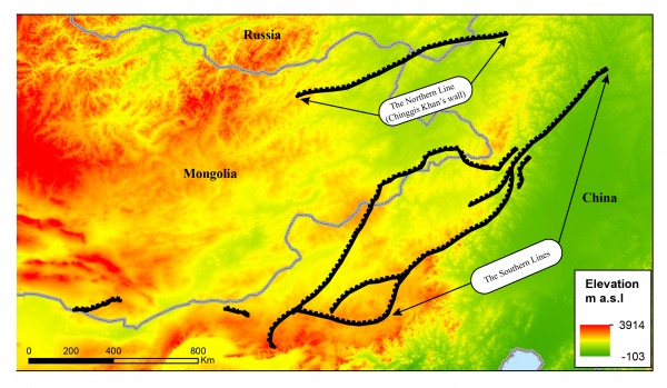 Fig. 1: Map of different lines of walls from the mediaeval period in China, Russia and Mongolia.