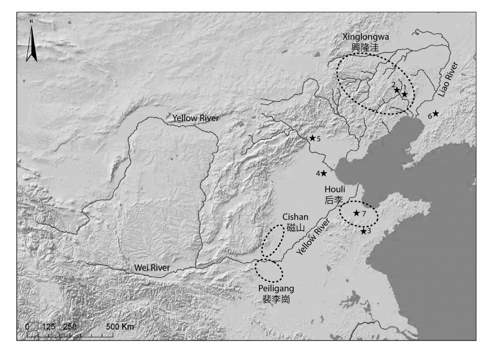 Figure 1: Location of Early Neolithic cultures, pre- and Early Neolithic sites in China. No. 7 represent the general area of the Mi River Basin.